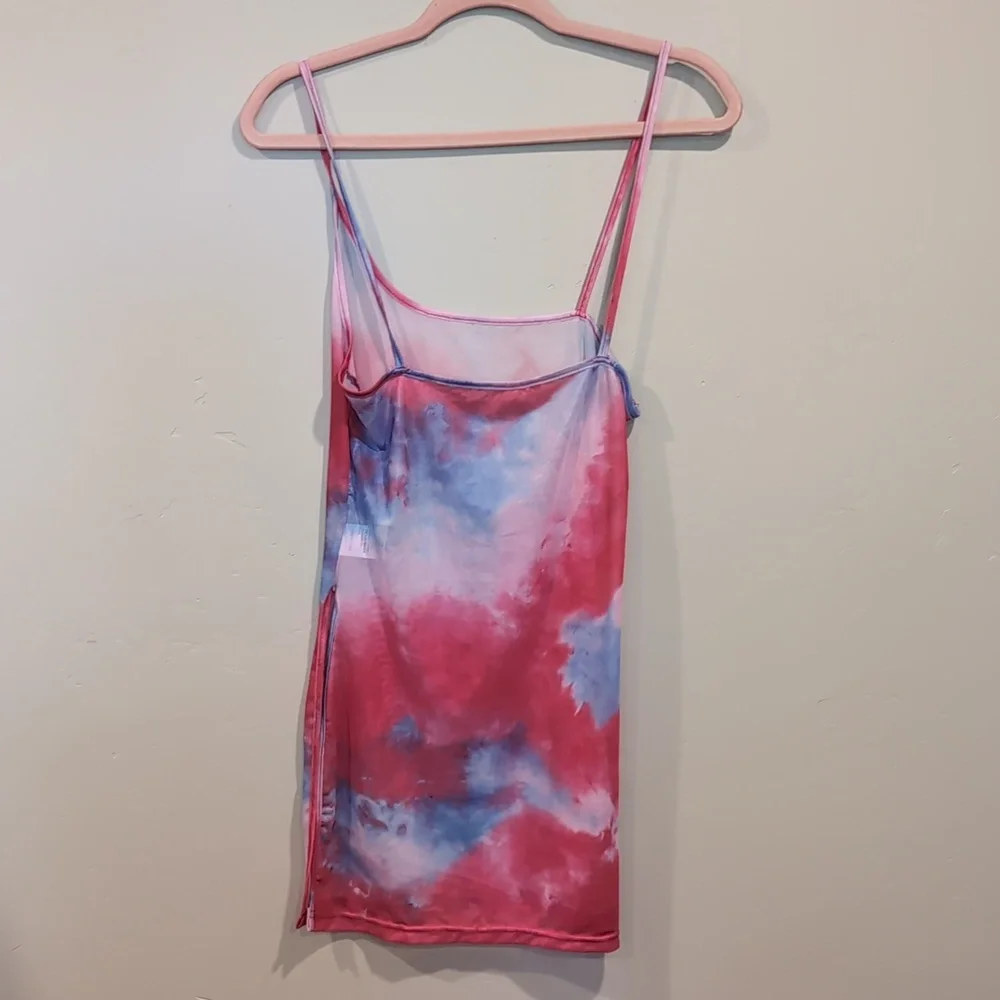 SHEIN Sheer Mesh Blue And Pink Tie Dye Slit Side Criss Cross Strap Mini Coverup